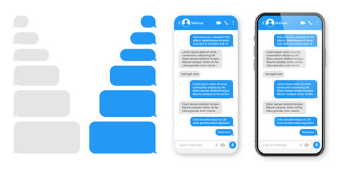 Realistic smartphone with messaging app. Blank SMS text frame. Conversation chat screen with blue message bubbles. Social media application. Vector illustration.
