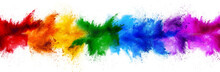 Colorful Rainbow Holi Paint Color Powder Explosion Garland Banner Line Isolated White Wide Panorama Background. Peace Rgb Beautiful Party Concept