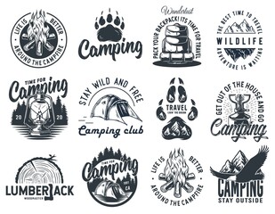 Wall Mural - Set of monochrome camping and travel emblems, including campfire, outdoor lantern, forest wild life and eagle