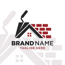 Construction Plastering Logo With Brick And Trowel Design