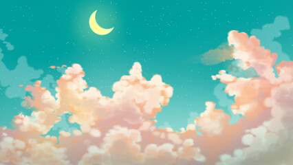 Wall Mural - orange cloud night time with moon on blue green sky anime wallpaper