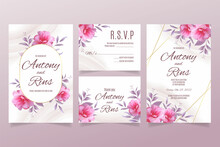 Wedding Invitation Template With Pink Flowers And Purple Leaves