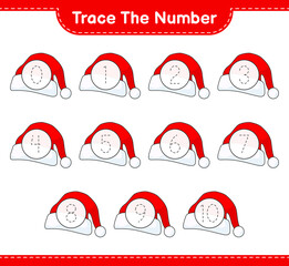 Trace the number. Tracing number with Santa Hat. Educational children game, printable worksheet, vector illustration