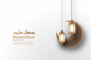 Wall Mural - Realistic Ramadan Kareem Background with moon and hanging lantern Premium Vector