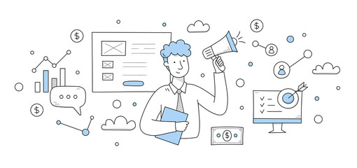 Digital marketing concept with doodle illustration of man with megaphone, website and money. Vector background with symbols of online market strategy and businessman