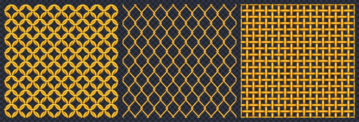 Gold metal grid or mesh texture, seamless pattern of golden realistic 3d vector brass or copper fence with joined links. Square yellow lattice samples graphic design elements, grate, jewel background