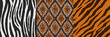 Animal skin and fur seamless textures, snake, zebra and tiger wool and leather swatches for game. Realistic 3d vector repeated patterns, textile backgrounds of natural or artificial skins samples set