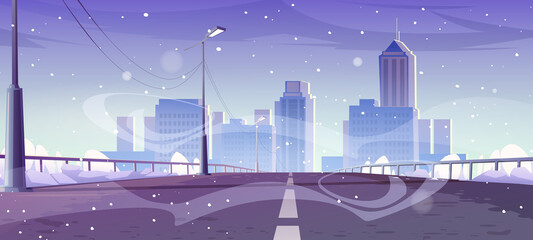 Overpass car road to city in winter. Vector cartoon illustration of cityscape, highway bridge with railings, street lights and snow, house buildings and skyscrapers on skyline and snowfall