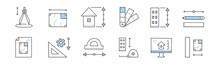Set Architect Doodle Icons, Building Project, Compass, Architecture Flat Blueprint Layout, House Plan, Color Palette, Protractor, Pencil, Measuring Instruments, Pc Desktop Line Art Vector Illustration
