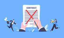 Contract Cancellation Business Concept. Terminated Tearing Contract Paper Sheet Breach Flat Style Design Vector Illustration. Business People Running Toward Giant Hands With Tearing Contract Papers.