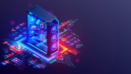 Poster - Upgrade, repair of desktop computers concept. Gaming computer glow in dark table. Glowing computer parts on motherboard inside transparent computer case of system box with glowing computers parts.