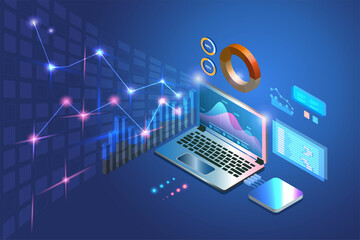 Business analysing, SEO, Web development, software coding and programming on laptop computer with graph charts, script language testing and graphical icons.