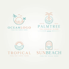 Set Of Tropical Ocean Sun Beach Simple Line Art Logo Template Vector Illustration Design. Simple Modern Holiday, Vacation, Resort Logo Concept