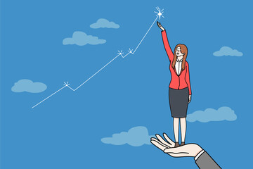 Canvas Print - Businesswoman get helping hand from colleague reach star as business goal. Female employee or worker achieve career success. Work accomplishment or achievement. Vector illustration. 