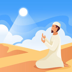 Muslims wukuf pray on Islamic hajj pilgrimage. Flat vector illustration