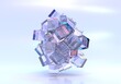 Abstract geometric composition of crystal cubes or blocks, round holographic sculpture of many glass clear square boxes, chromatic gradient texture with purple refraction light in prism, 3d render