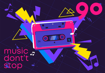 Wall Mural - vector illustration themed party return to the 90s, retro audio cassette with active geometric backg