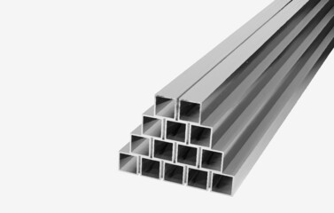 Stacked metal square thick-walled profile pipe side view.Vector illustration for business and industrial.