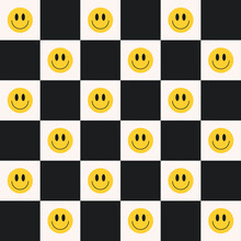 Funny Smile Faces On Black White Checkerboard Seamless Pattern. Abstract Geometric Pattern In Style Retro 60s, 70s. Vector Cartoon Character Illustration.