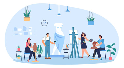 Wall Mural - Community of artists creating paintings and sculptures in workshop. Creative cartoon characters making artworks in studio flat vector illustration. Art, creativity concept for banner, website design