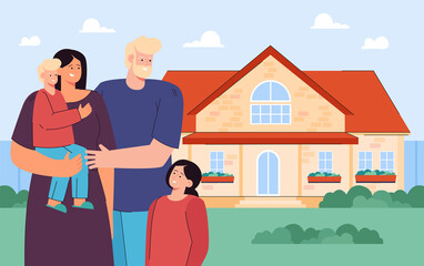 Cartoon mother and father with children in front of house. Picture of happy home, people standing outside flat vector illustration. Family, love, real estate concept for banner or landing web page