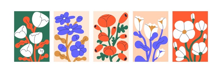 Fototapete - Contemporary posters, wall art designs with abstract flowers. Trendy Matisse-inspired floral paintings set. Creative vertical placards for interior. Modern artworks. Colored flat vector illustrations