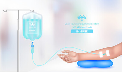 Intravenous vitamin iv drip treatment in spa salon, clinic. Serum collagen vitamin inside saline bag for immune blue. Used for giving injections for health. Vector EPS 10.