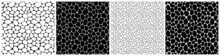 Black And White Geometric Seamless Patterns Vector Set. Irregular Shapes Repeated Backdrop For Web Tiles, Science And Interior Designs. Line Polygonal Cells Template Background Collection.