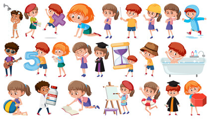 Poster - Set of children doing different activities on white background