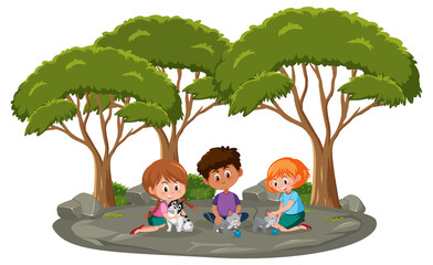 Wall Mural - Isolated outdoor park with children playing with their pets