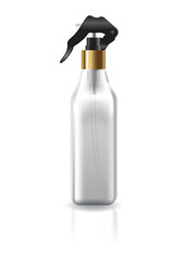 Wall Mural - Blank clear cosmetic square bottle with black-gold spray head for beauty product mockup template.