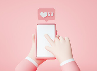 Fototapete - Hands holding a blank Smartphone Chat love bubbles alert notification cartoon app website ui on pink background 3d rendering illustration