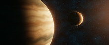 Close-up View Of Two Planets In Space Partially Illuminated By Sunlight On A Background Of Stars. Fantasy And Science Fiction Scene. 3d Rendering