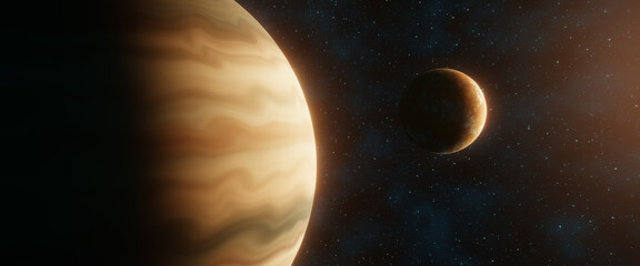 Wall Mural - close-up view of two planets in space partially illuminated by sunlight on a background of stars. fa