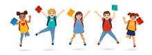 Happy Cute Kids Boys And Girls Jumping Together With Books And Backpacks Isolated Vector Illustration. Multiethnic Little Children.