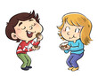 Illustration of little boy and girl eating sweets