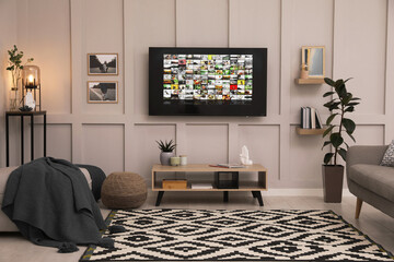 Wall Mural - Stylish living room interior with modern TV on white wall