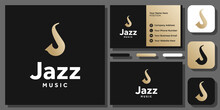 Initial Letter J Saxophone Music Jazz Musical Gold Luxury Vector Logo Design With Business Card