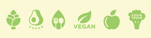 Vegan Inspired Green Flat Icons Isolated On Yellow. 100 Natural And Healthy Food
