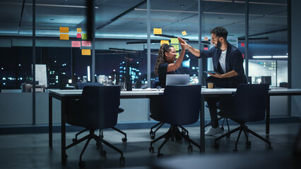 Poster - Businesspeople in Modern Office: Business Meeting of Two Managers. Female CEO and Art Director Talk, Discuss, Brainstorm and Agree on Corporate Branding, Successfully High Five and Celebrate.
