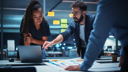 Wall Mural - Office Conference Room Meeting: Diverse Team of Top Managers Talk, Brainstorm, Use Digital Tablet. Business Partners Discuss Financial Reports, Plan Investment Strategy. Team of Three