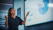© Gorodenkoff - Company Operations Director Holds Sales Meeting Presentation for Employees and Executives. Creative Black Female Uses TV Screen with Growth Analysis, Charts, Ad Revenue. Work in Business Office.