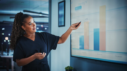 Aufkleber - Company Operations Director Holds Sales Meeting Presentation for Employees and Executives. Creative Black Female Uses TV Screen with Growth Analysis, Charts, Ad Revenue. Work in Business Office.