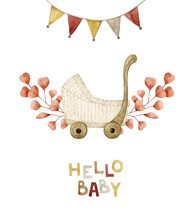 Watercolor Illustration Card Hello Baby With Stroller, Flags, Eucalyptus. Isolated On White Background. Hand Drawn Clipart. Perfect For Card, Postcard, Tags, Invitation, Printing, Wrapping.