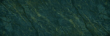 Rusty Green Rock Surface Texture. Close-up. Marble Or Ceramic Tile Effect. Toned Dark Green Stone Background With Copy Space For Design. Wide Banner. Panoramic.