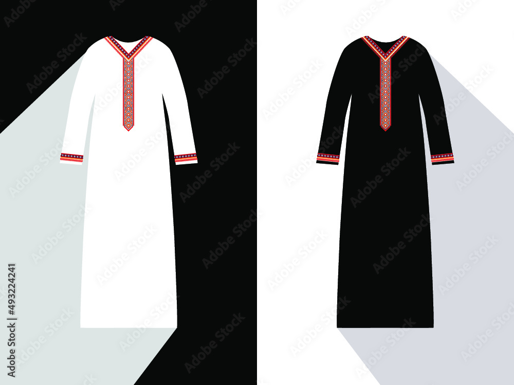 Design of traditional islamic muslim dress for woman, black and white ...