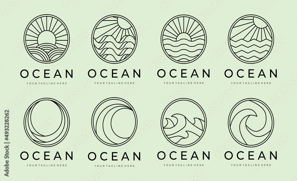 Unset of ocean waves minimalist line art logo vector illustration ...