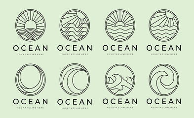 Unset of ocean waves minimalist line art logo vector illustration template design. bundle collection various of ocean wave isolated with badge icon logo design