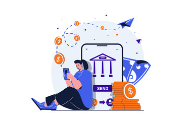 Wall Mural - mobile banking modern flat concept for web banner design. woman pays for purchases or sends money us
