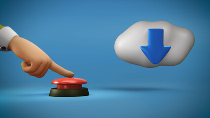 3d illustration of cartoon blue arrow moving down and red button.